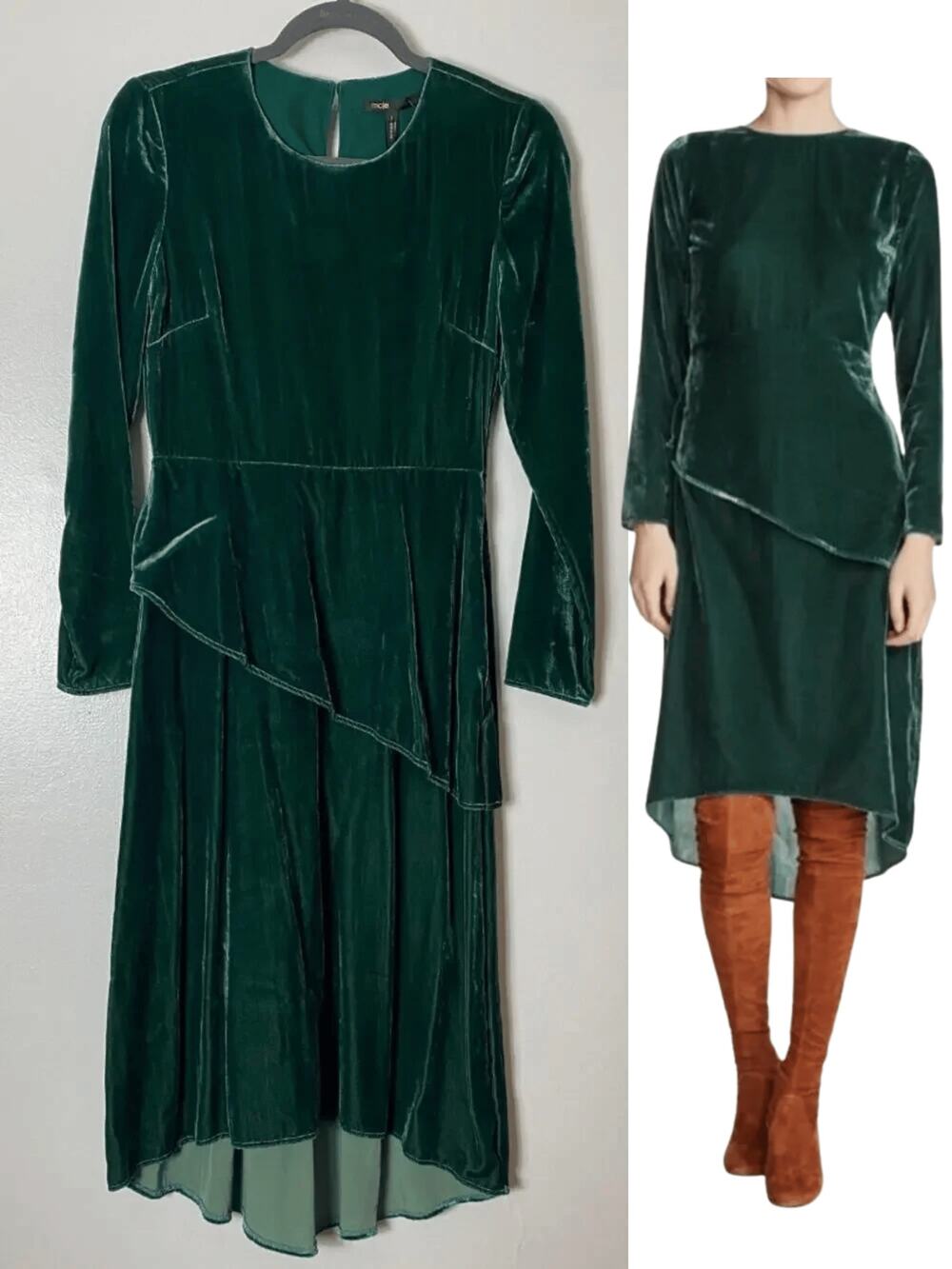 Maje Green Velvet Dress Milkmaid Cottagecore Holiday Christmas Midi